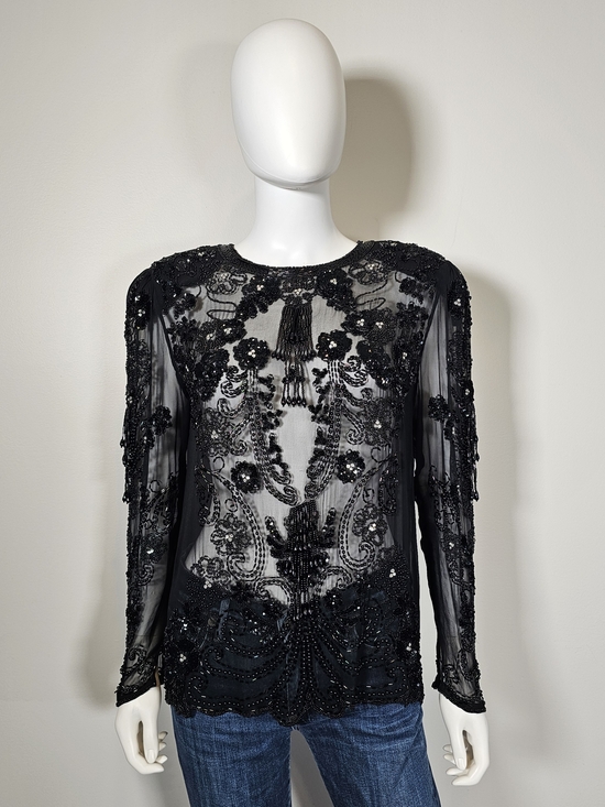 Vintage Tops - Vintage Black Beaded Sheer Long Sleeve Silk Top Sz 14